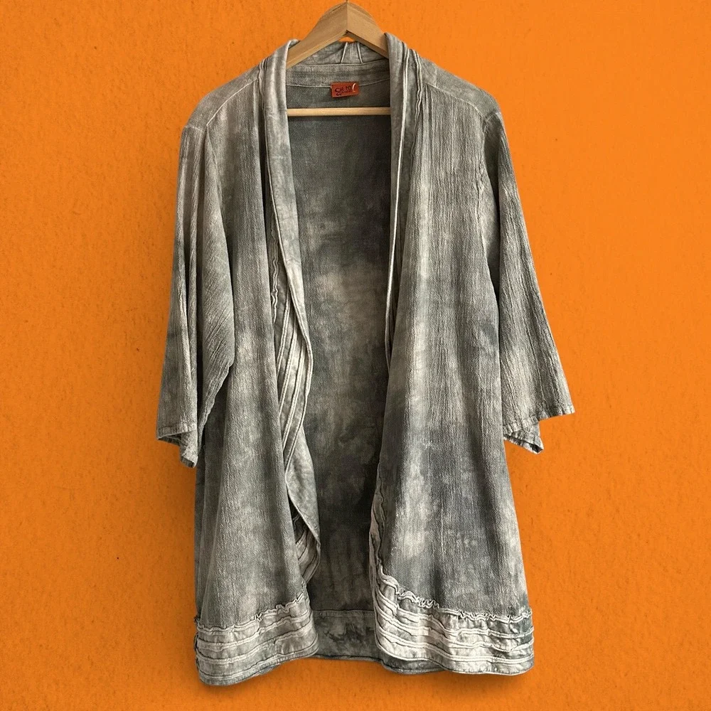 Oh My Gauze Grey Tie Dye Cotton Open Front Cardigan OS Boho Lagenlook Unisex - Picture 1 of 9